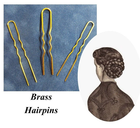 12 Brass hair pins, Victorian, U-pins, bun holder, french twist pins, Hair forks, 19th Century Hair Accessory, Historical, reproduction