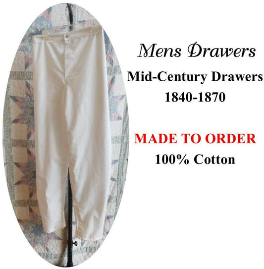 Men's drawers, 19th Century Drawers, Civilian, Military, Mid -1800 full drawers, historic underwear, Victorian, Civil War - MADE TO ORDER