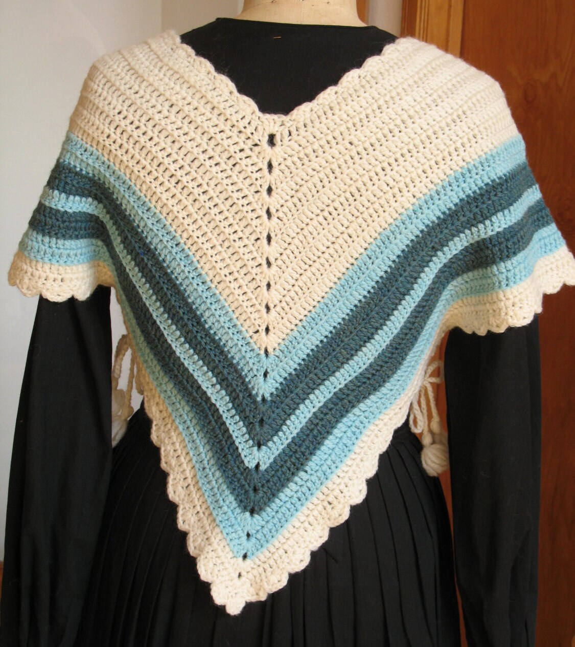 Cream and teal striped Hug-me-Tight, Crochet Vest for Historical Dress