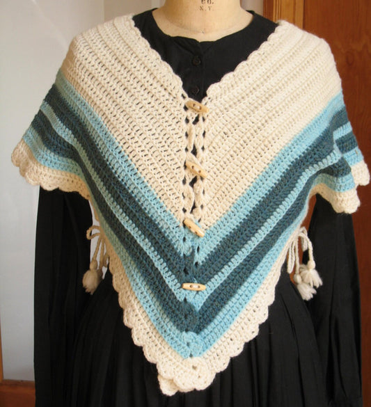 Cream and teal striped Hug-me-Tight, Crochet Vest for Historical Dress