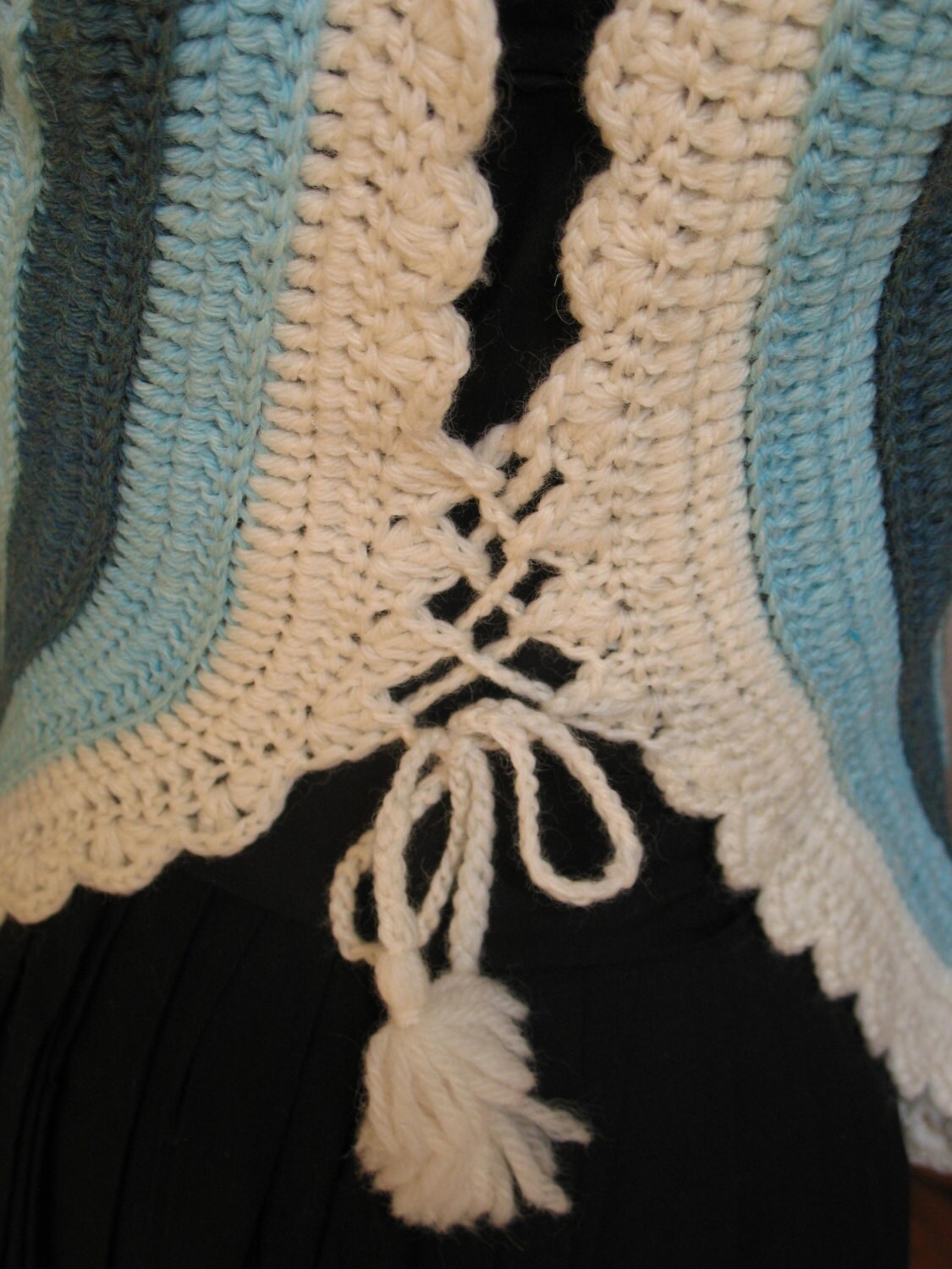 Cream and teal striped Hug-me-Tight, Crochet Vest for Historical Dress